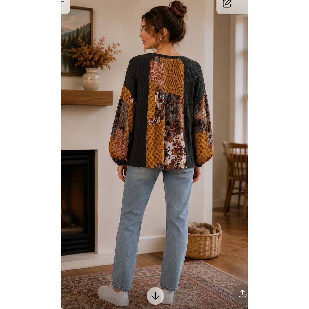 ODDI Mixed Media Cable Knit Sweater Paisley Patchwork Back Grey Boho M/L - Picture 2 of 8